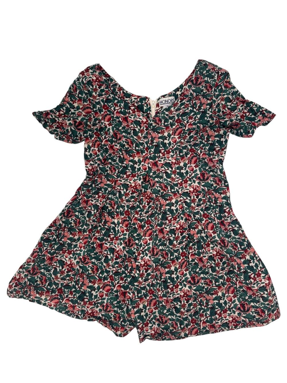 Vintage 80s 90s Floral Romper HONORS 100% Rayon Green Pink Size Small Womens